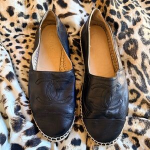 CHANEL Black Calfskin Espadrille Slip-Ons with CC Stitching Size 38
